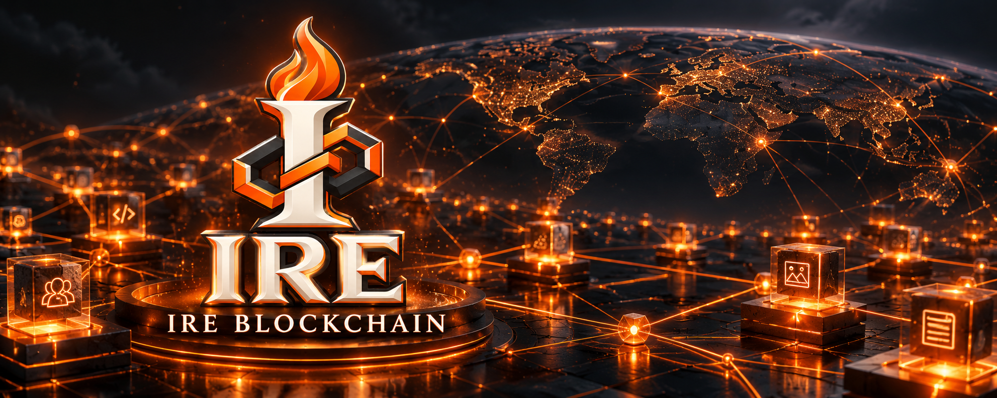 IRE Blockchain flame and chain logo over a connected global validator and builder network